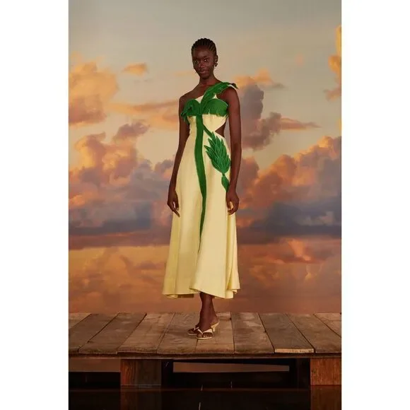 FARM Rio Palm Tree Cutwork Midi Dress Yellow XS NEW - Picture 6 of 10